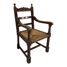 Antique European Carved Wood + Rush Arm Chair