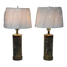 Vintage Leviton Laser Cut Cylindrical Table Lamps, a Pair