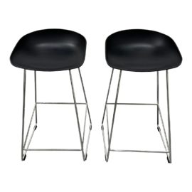 Modern Style Molded Plastic Black Scoop Counter Stools, a Pair