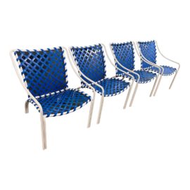 Brown Jordan Blue & White Tamiami Outdoor Chairs, Set of Four