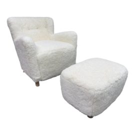 Custom Design Ivory Shearling Chair + Ottoman, Set. Original Price: $5,125