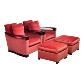 Donghia Woodbridge Flame Orange Mohair Club Chairs With Ottoman, a Pair. Original Price: $53,300