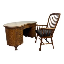 Antique Tiger Oak Kidney Shape Desk + Stickley & Brandt Chair, Set