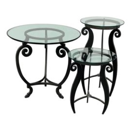 Post Modern Glass + Forged Iron Nesting Tables, Set of Three