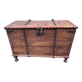 Antique Indian Teakwood + Aged Brass Hardware Footed Blanket Chest