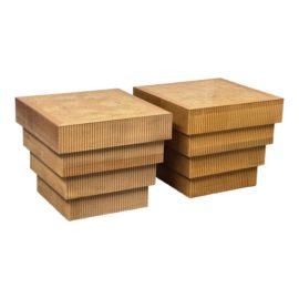 Custom Design Bamboo & Burlwood Stacked Pyramid Side Tables, Pair. Original Price: $3,830