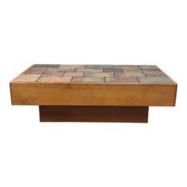 Vintage Mid 20th Century Modern Teak Wood + Slate Tile Coffee Table