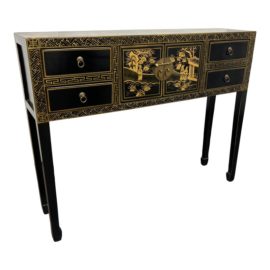 Chinoiserie Hand Painted Gold Scenery Chinese Black Elmwood Console Table. Original Price: $2,088