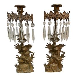 Antique Paul & Virginia Brass + Crystal Prism Candleholders, a Pair