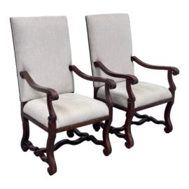 Vintage American Drew Louis XVI Style Spanish Carved Arm Chairs, a Pair
