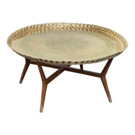 Mid 20th Century Moroccan Tray Top + Wood Bade Coffee Table