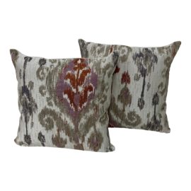 Custom Made Abstract Ikat Earth Tone Throw Pillows, Pair