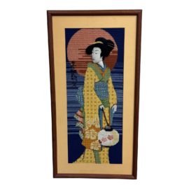 Mid-Century Modern Geisha Girl With Lantern Needlepoint /Embroidery Art