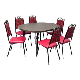 Mid 20th Century Modern Metal Craft Dining Extension Table + Six Red Vinyl Chairs, Set