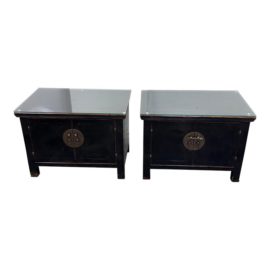 Vintage Black Chinese Side Tables/Cabinets, Pair