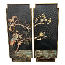 Vintage Asian Diptych With Peacock, a Pair