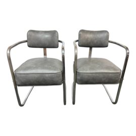 Vintage Chrome Steel + Leather Cantilever Arm Chairs, Pair