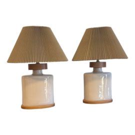 Mid Century Vanilla Porcelain + Wood Detailed Table Lamps, a Pair