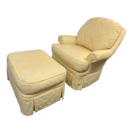 Vintage Ethan Allen Damask Chair + Ottoman, Set