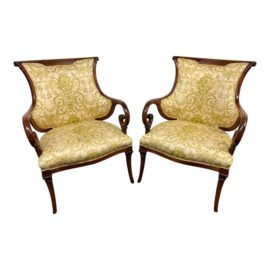 Antique Brass Inlaid Fauteuil Chairs, a Pair