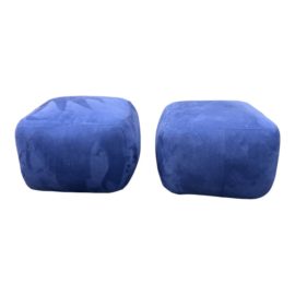 Custom Design Sapphire Microsuede Pouf Ottomans, a Pair