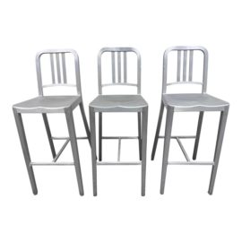 Emeco Navy 1006 Brushed Aluminum Bar Stools - Set of Three. Original Price: $3,480