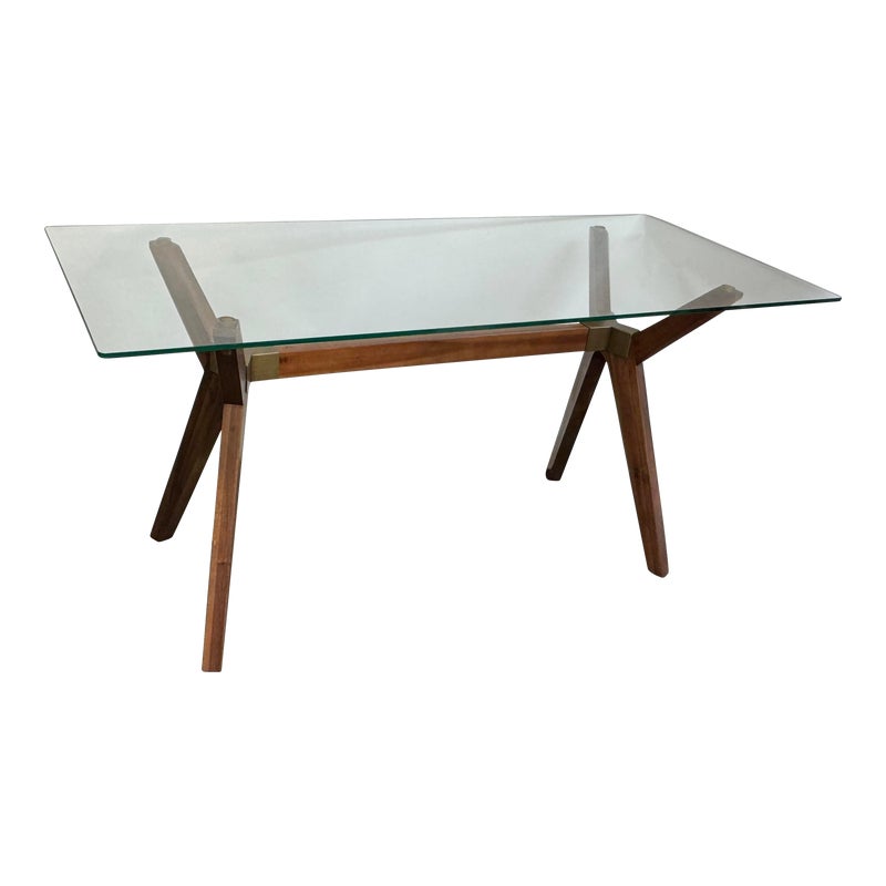 Crate & Barrel Strut Teak Glass Top Dining Table / Desk. Original