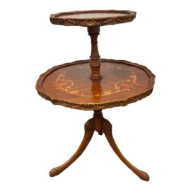 Antique Victorian Carved Mahogany + Inlaid Veneers Flowers Dumbwaiter/Parlor Table