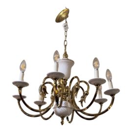 Vintage Brass + White Ceramic Eight Serpentine Armed Chandelier. Original Price: $1,500