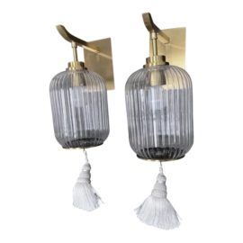 ClearHalo Prismatic Glass Lantern Chinese Style Brass Sconces, a Pair. Original Price: $750