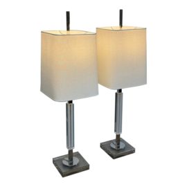 Contemporary Crystal + Nickel Table Lamps, a Pair
