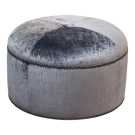 Silver Embossed Silk Velvet Round Button Tuft Ottoman