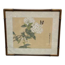 Japanese White Floral Watercolor on Silk Painting Signed