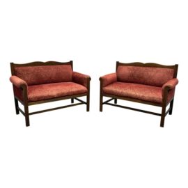 Antique English Traditional Burnt Velvet Chenille Red Sofa/Settees, Pair