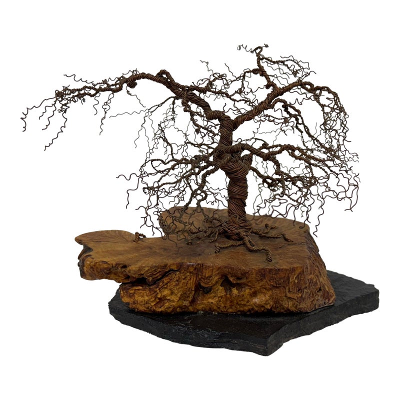 Vintage Bonsai Tree Sculpture on Burl Wood Base 1970's Wire Metal - Design  Plus Gallery