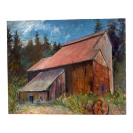 Circa 1998 Bonnie Mager Rural Farmland Red Barn Painting