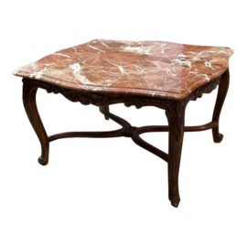 Antique Louis XVI Style Marble + Carved Walnut Side Table