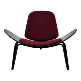 Vintage Mid Century Rare Hans Wegner Shell Chair Black Bentwood With Maroon Wool Seat + Back Cushion