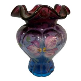 Circa 2004 Fenton Mulberry Mouth Blown + Hand Painted Vase
