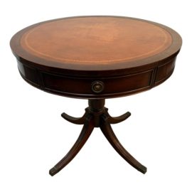 Vintage Brandt Furniture Duncan Phyfe Styled Tooled Leather Drum Table