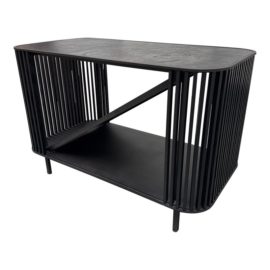 Custom Design Solid Black Finish Wood + Leather Side Table