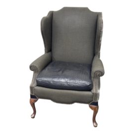 Vintage Fabric + Embossed Leather Wingback Arm Chair
