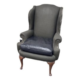 Vintage Fabric + Embossed Leather Wingback Arm Chair