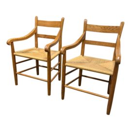 Mid 20th Century Charles Webb Oak + Rush Seat Arm Chairs, a Pair