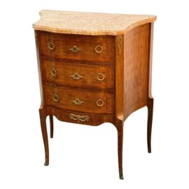 Antique French Louis XVI Rose Marble and Tulipwood Parquet 3 Drawer Bedside Table