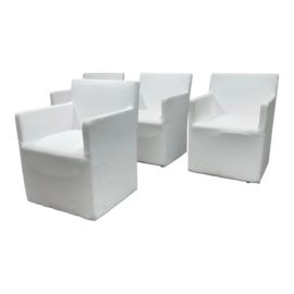 Restoration Hardware Ellison Fabric Track Arm Perennial Dining Chairs, Set of Four. Original Price: $3,180