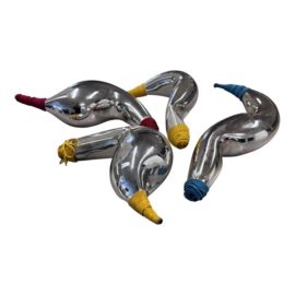 Custom Blown Glass Chrome Sculpture + Suede Ties, Set of Four