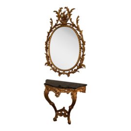 Antique Italian Gilt Oval Mirror + Marble Console, a Set