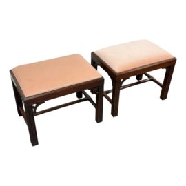 Vintage Peach Velvet Ming Style Wood Benches, a Pair