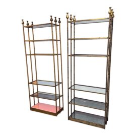 Vintage Italian Gilt Iron Etageres + Faux Bamboo Accent, a Pair